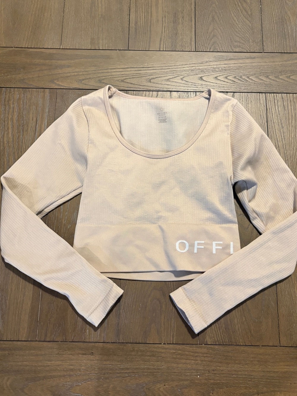 aerie Light Beige Ribbed Long Sleeve Crop Top with Hem Print